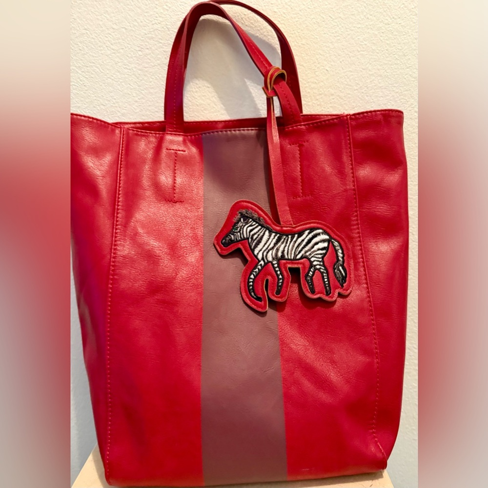 Saks Fifth Ave red & purple tote bag. 14”x14”
